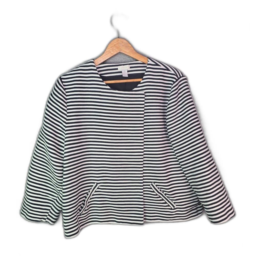 Chicos Blazer Size 3 XL Black White Stripe Snap Cotton Nautical Coastal